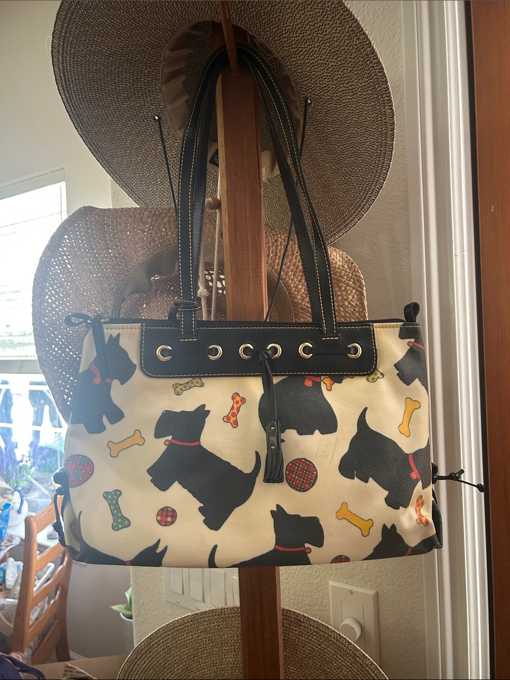 Dooney & Bourke Cream Tote with Black Scottie Dog Print